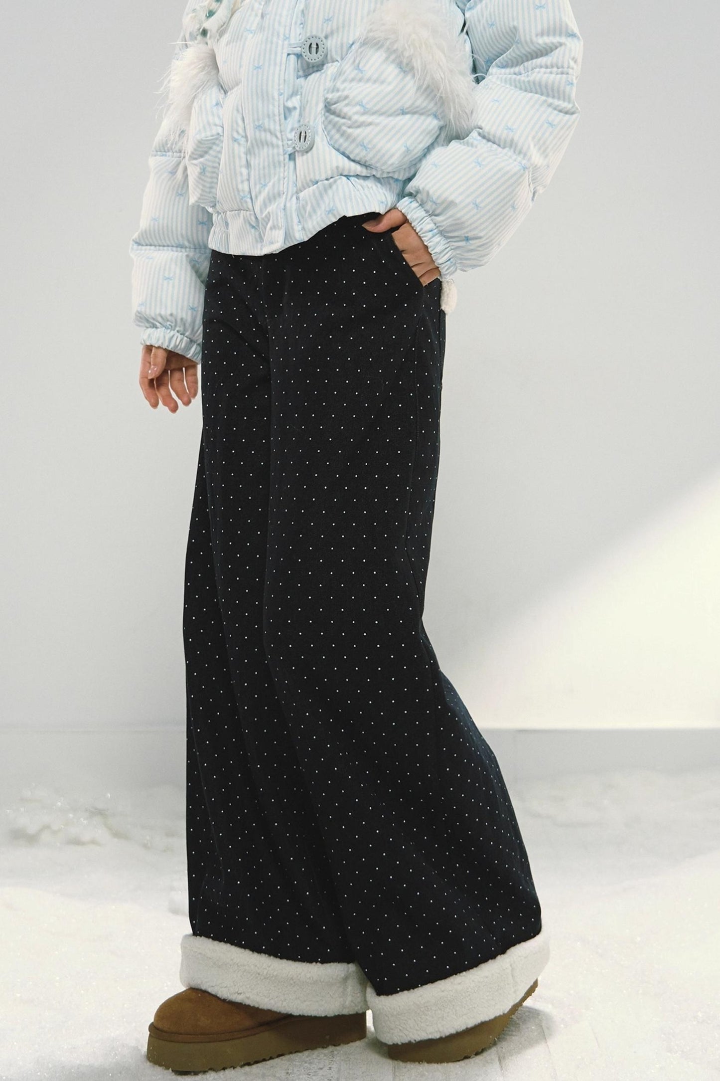 Dark Blue Polka Dot Patchwork Wide-Leg Jeans