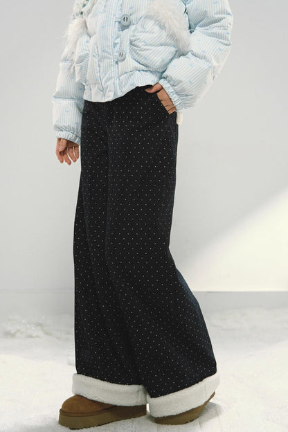 Dark Blue Polka Dot Patchwork Wide-Leg Jeans