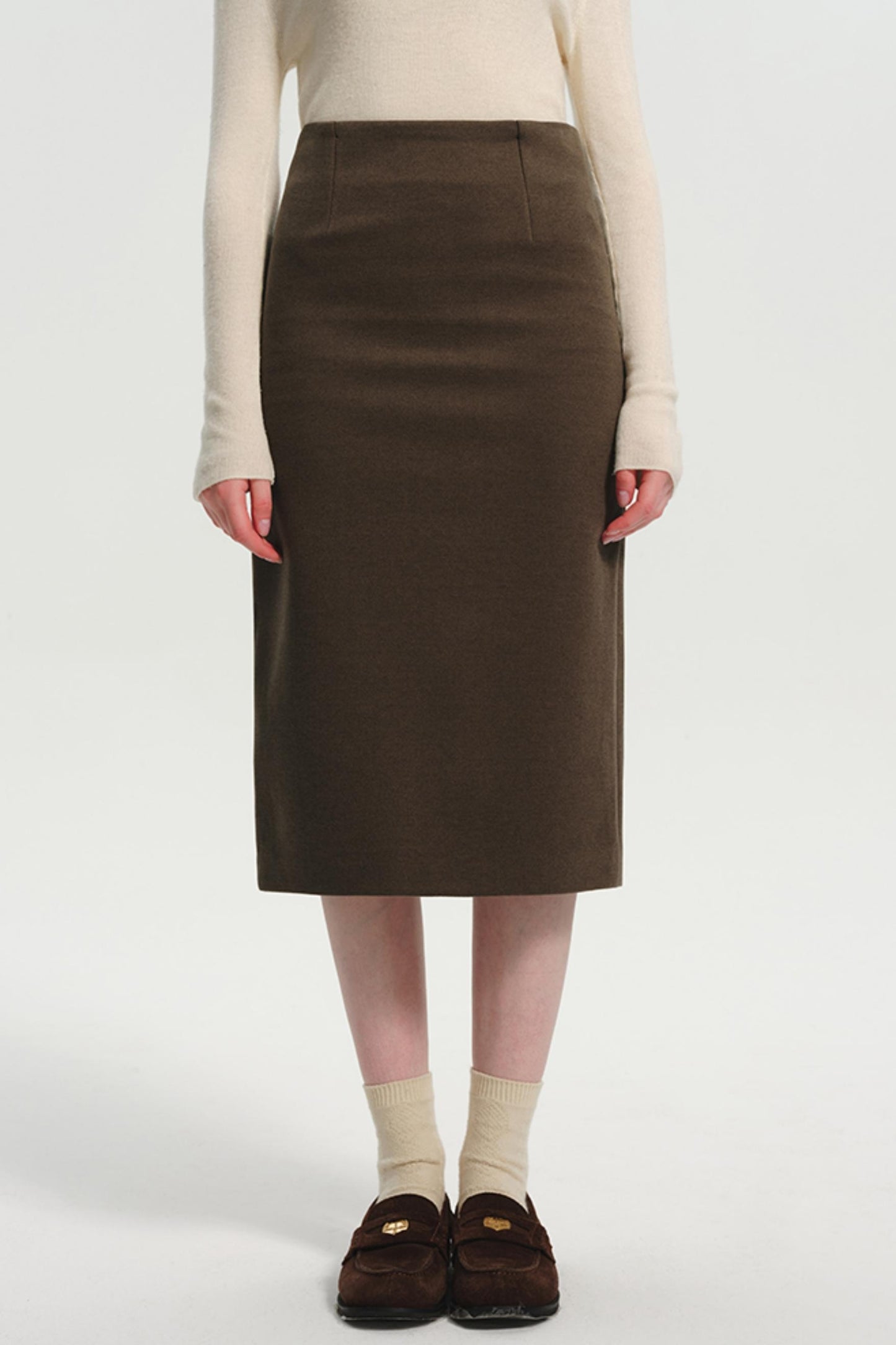 Woolen High-Waist Coffee Slit Skirt