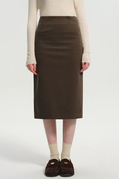 Woolen High-Waist Coffee Slit Skirt