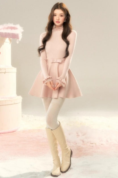 Lace High-Neck Knitted Dress