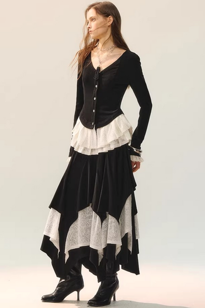 Black Wool Lace Top & Skirt Set-Up
