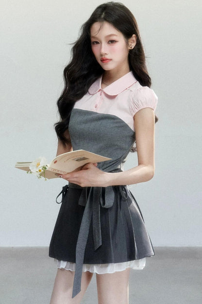 Pink Patchwork Tie-Up Blouse Set-Up