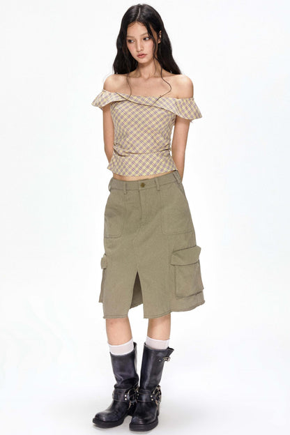 One-Shoulder Yellow Plaid Blouse