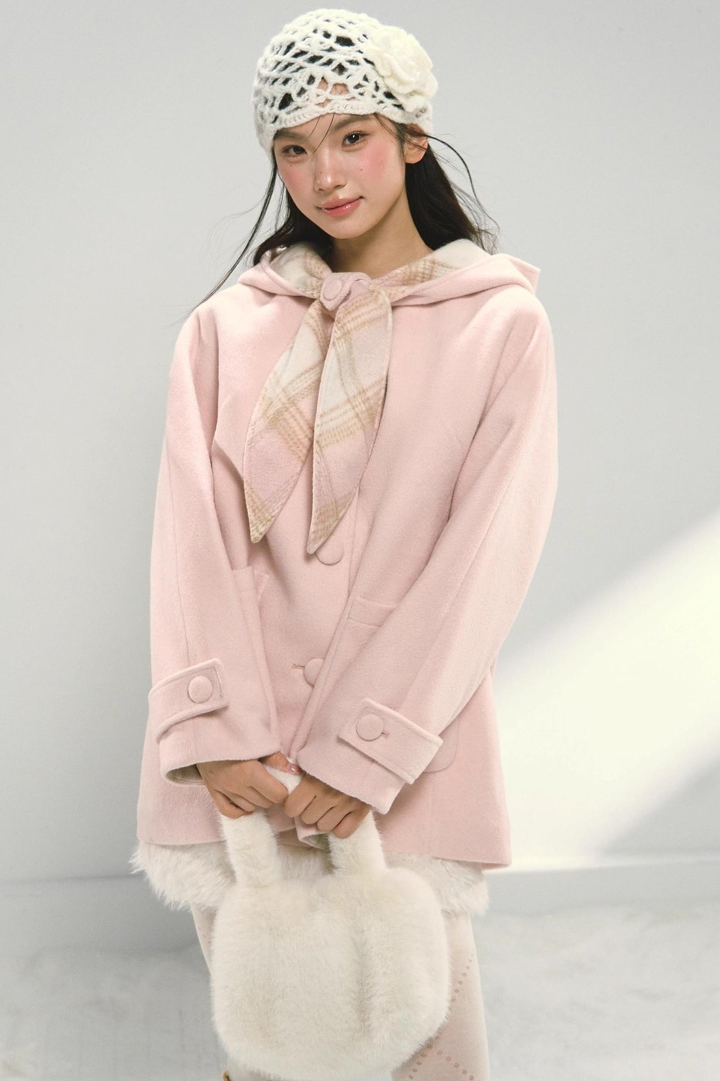 Pink Plaid Hooded Woolen Coat