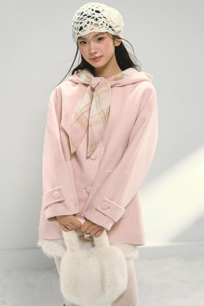 Pink Plaid Hooded Woolen Coat