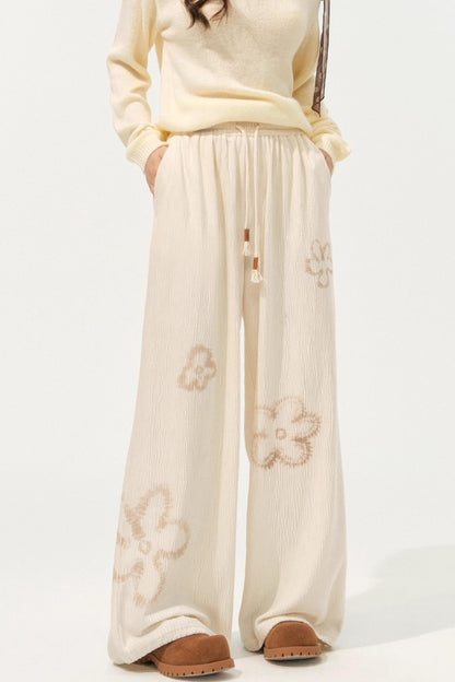 Floral Pleated Lace-Up Pants