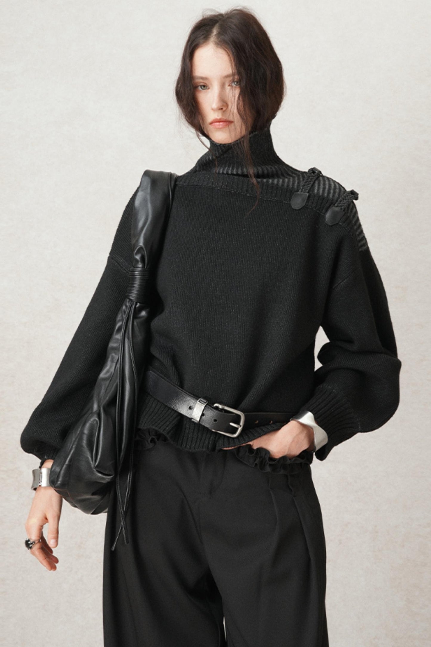 Hand-Woven Leather Loop Sweater