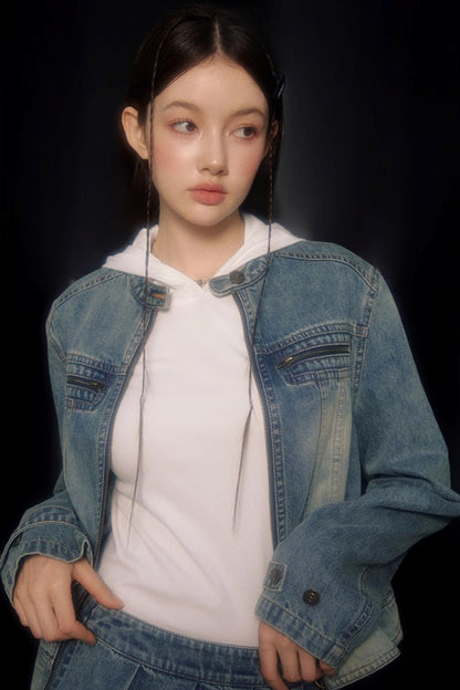 Vintage Distressed Cropped Denim Jacket