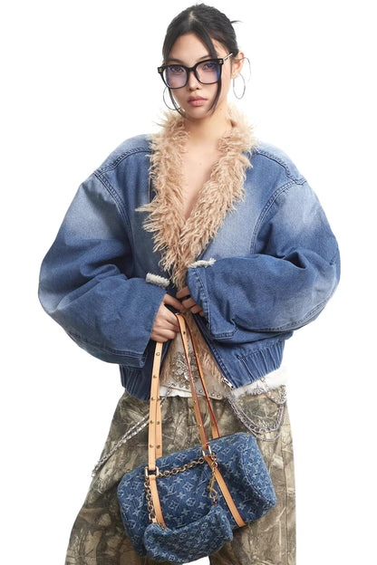 Retro Denim Fur Collar Jacket