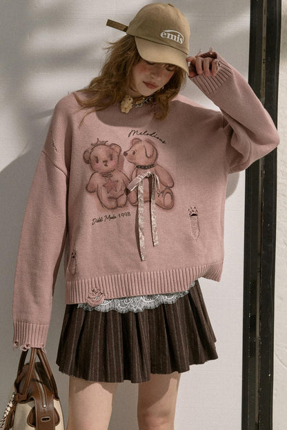 Kiss Bear Print Long Sleeve Sweater