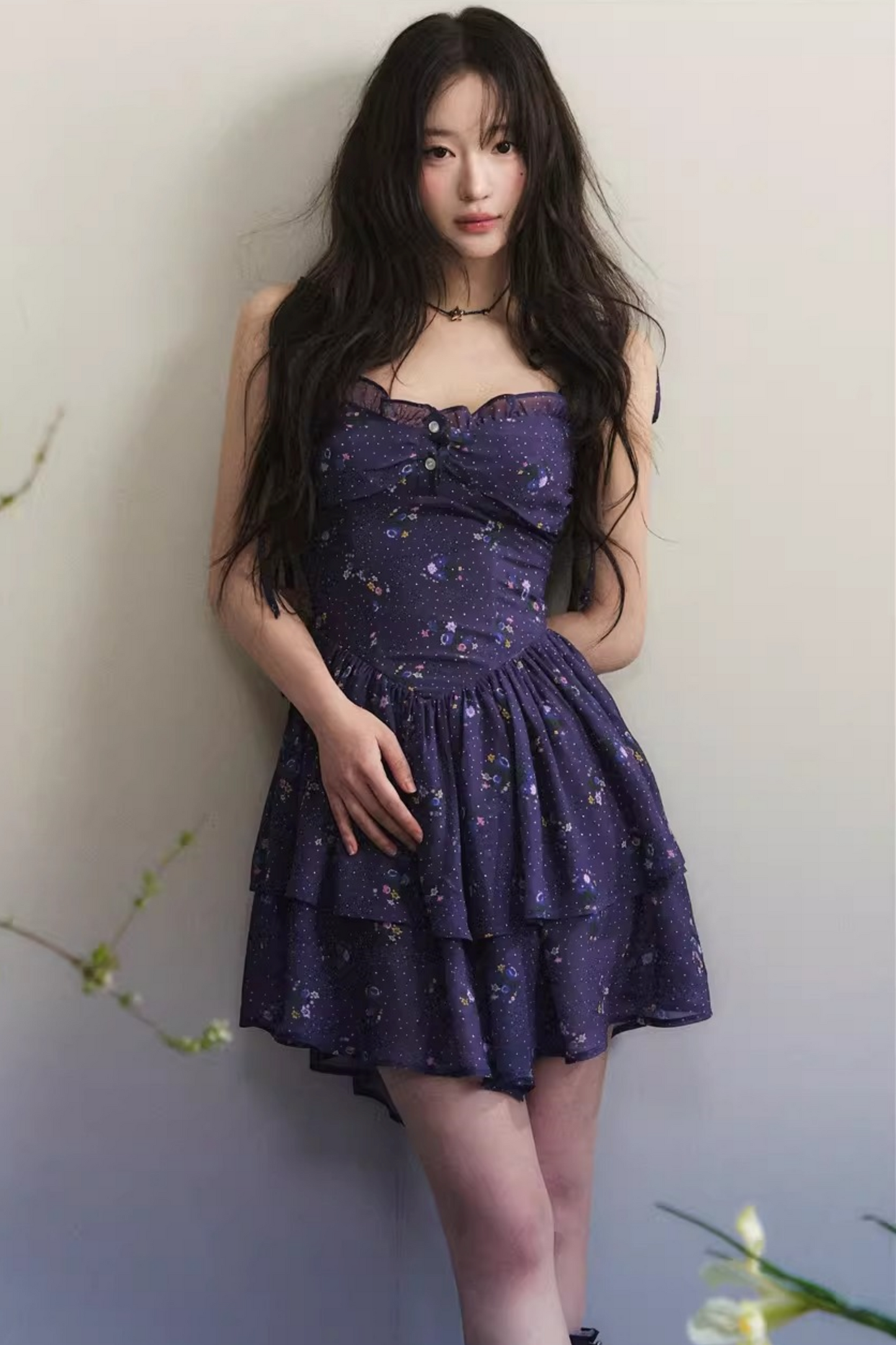 Dark Purple Chiffon Floral Dress