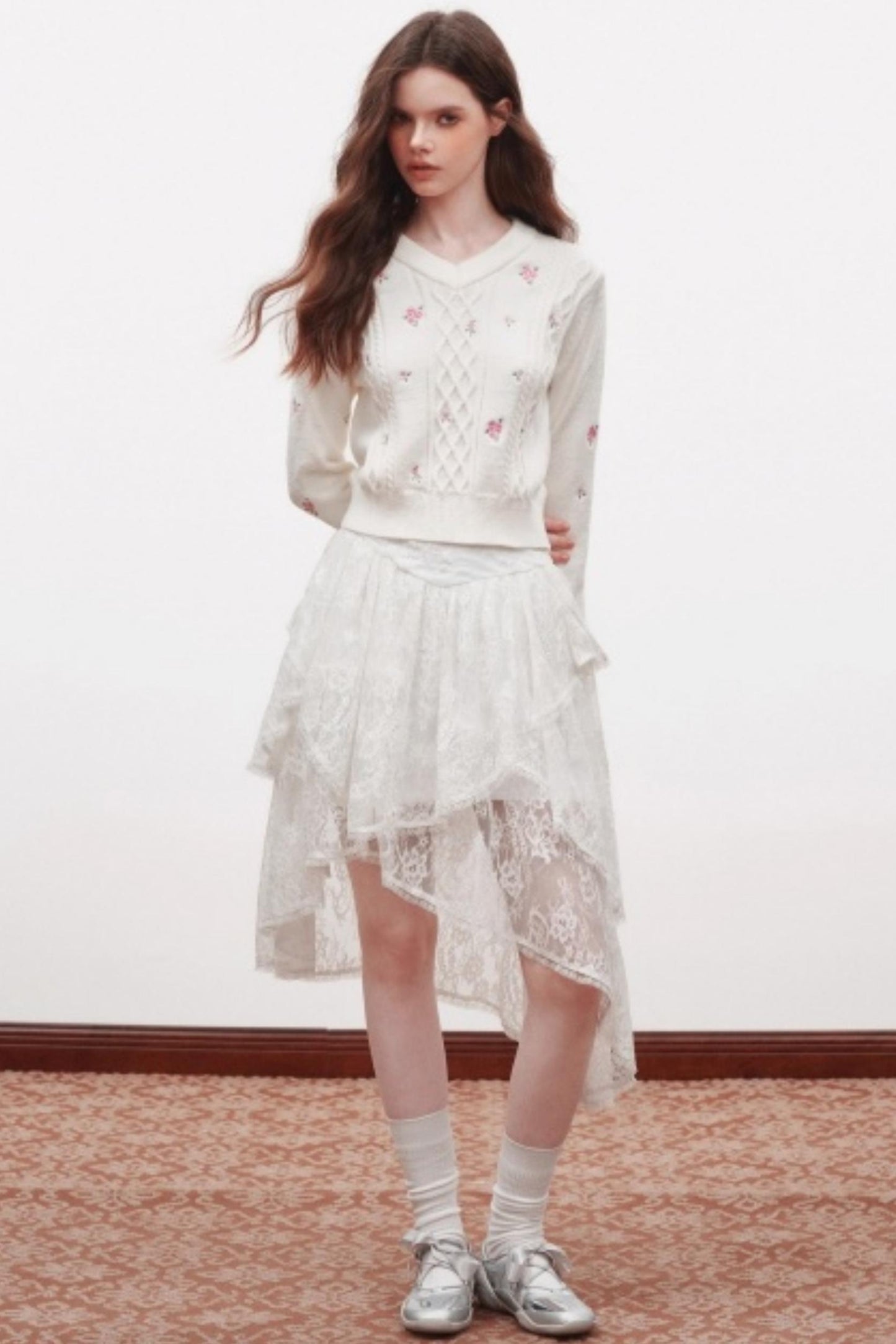 Embroidered V-Neck Knit Sweater