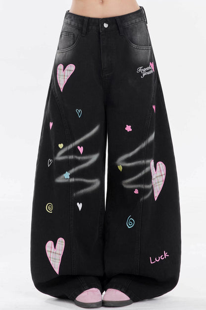 Retro Heart Print Denim Pants