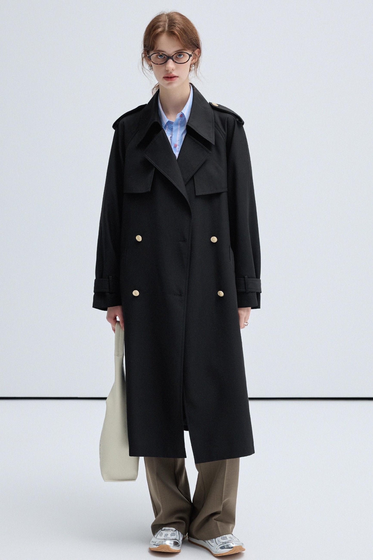 VEGA CHANG Schwarzer Trenchcoat Damen Frühling-Herbst 2024 Neue klassische doppelreihige lange Jacke im britischen Stil