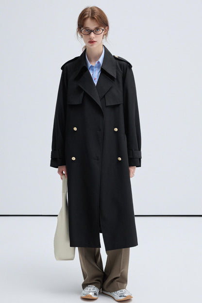 VEGA CHANG Schwarzer Trenchcoat Damen Frühling-Herbst 2024 Neue klassische doppelreihige lange Jacke im britischen Stil