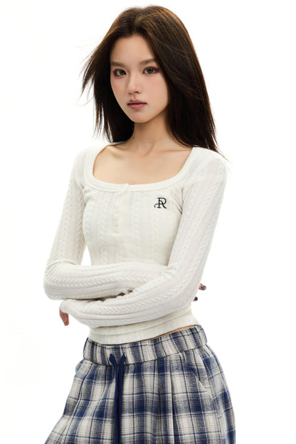 Retro Square Neck Cable Knit Top