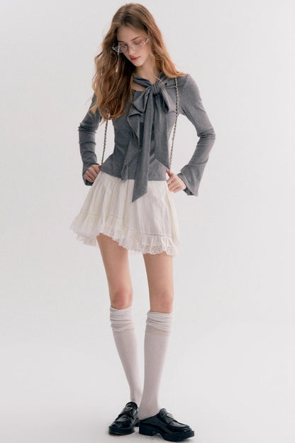 Romantic French Streamer Bow V-Neck Slim T-Shirt