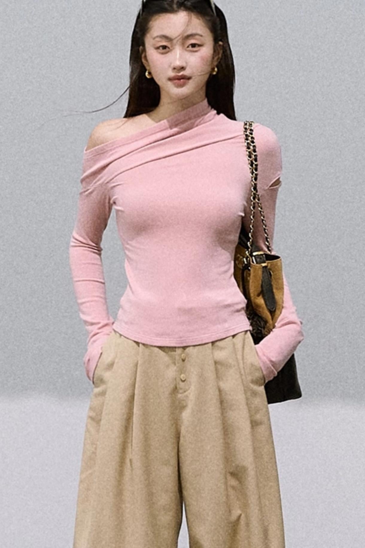 Slanted Shoulder Knit Base Layer Top