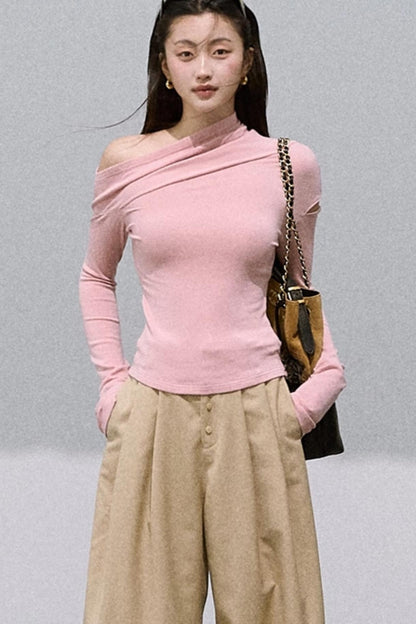 Slanted Shoulder Knit Base Layer Top