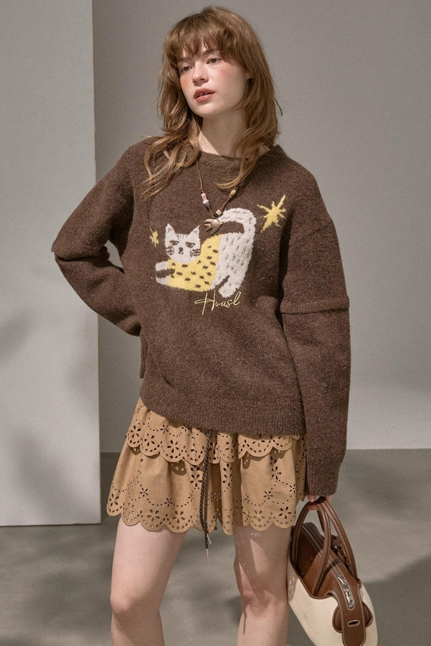 Cute Kitten Crew Neck Knit Sweater