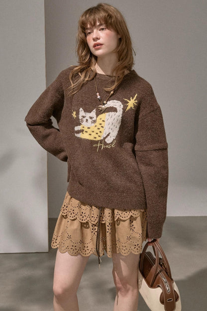 Cute Kitten Crew Neck Knit Sweater