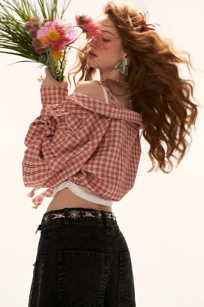 Cropped Plaid Off-Shoulder Blouse