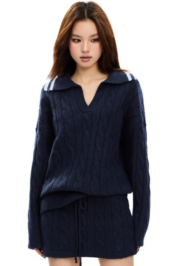 빈티지 롤오버 스웨터 & 스커트 세트 