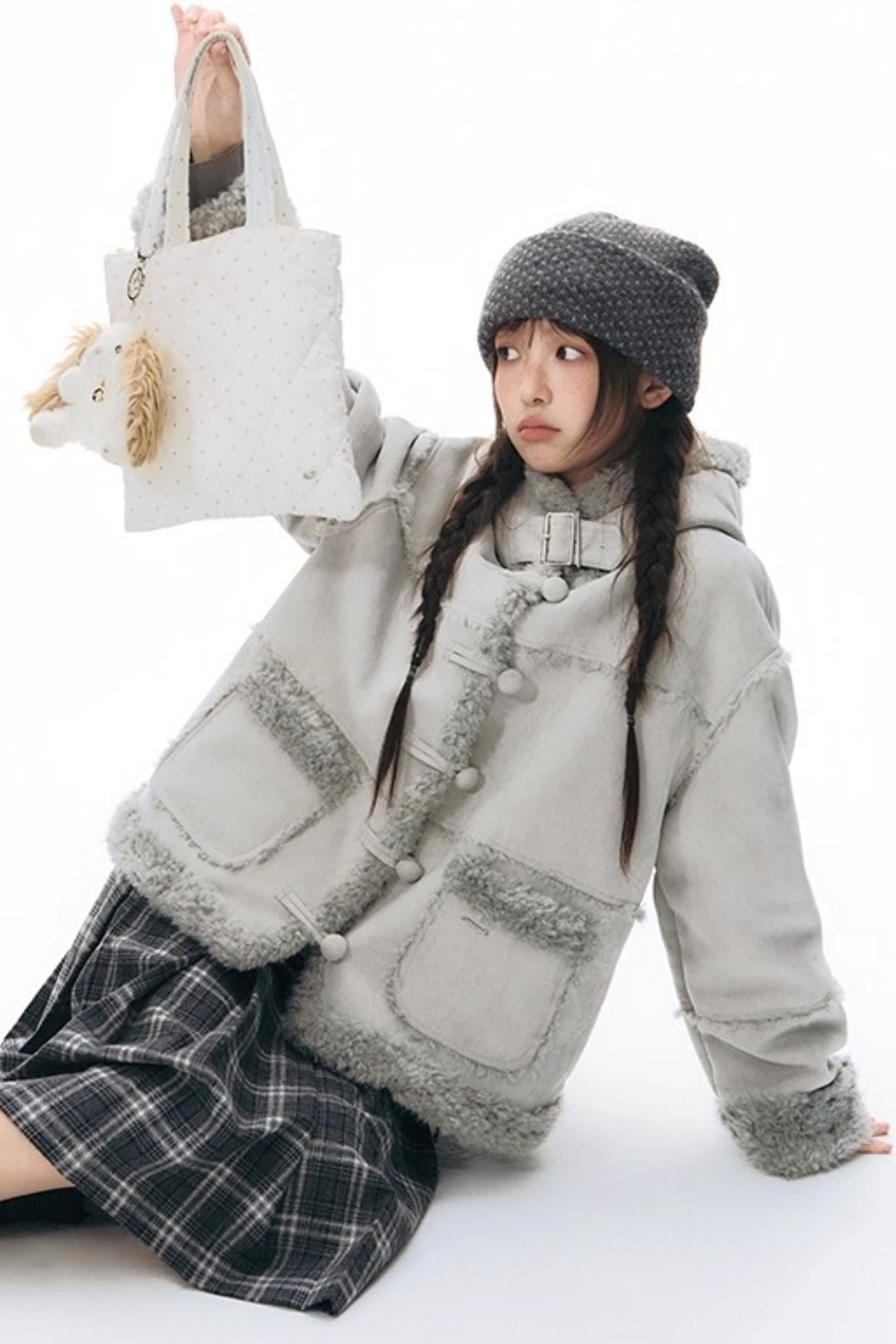 Double Waist Plaid Woolen Pleated Midskirt