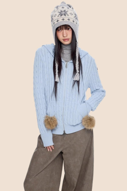 Furball Twisted Knit Hooded Cardigan