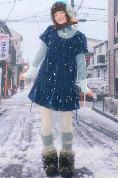 Deep Blue Velvet Bow Dress