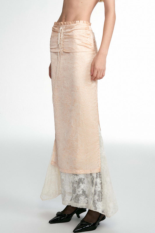 Streamer Satin Tie Lace Maxi Skirt