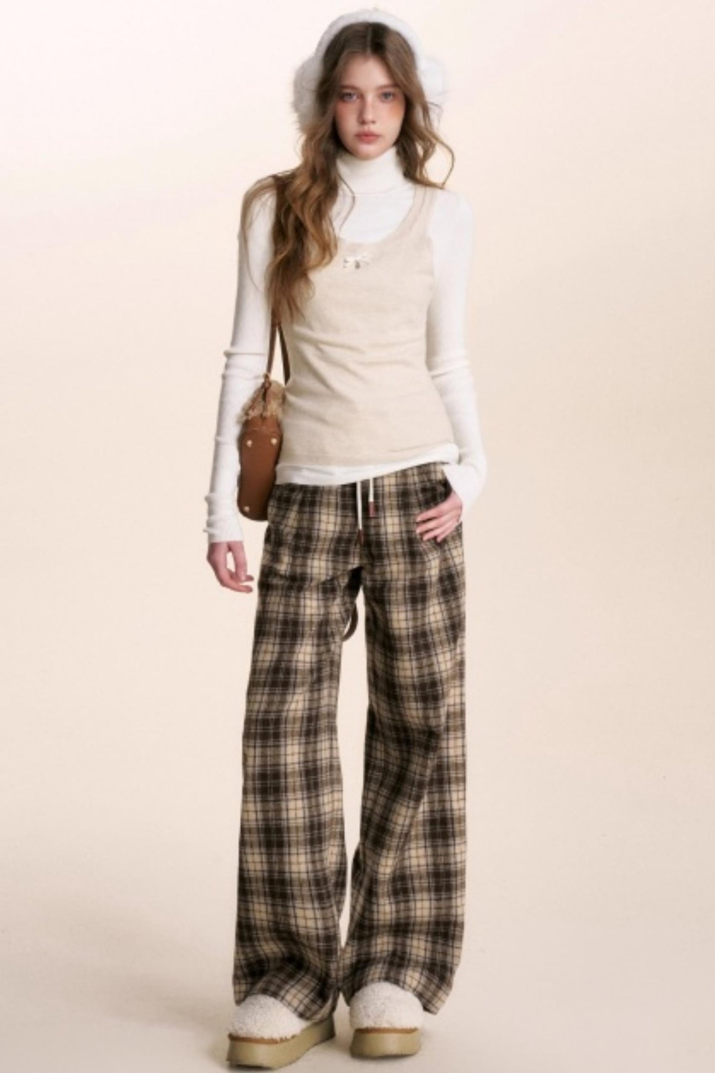 Plaid Woolen Wide-Leg Trousers