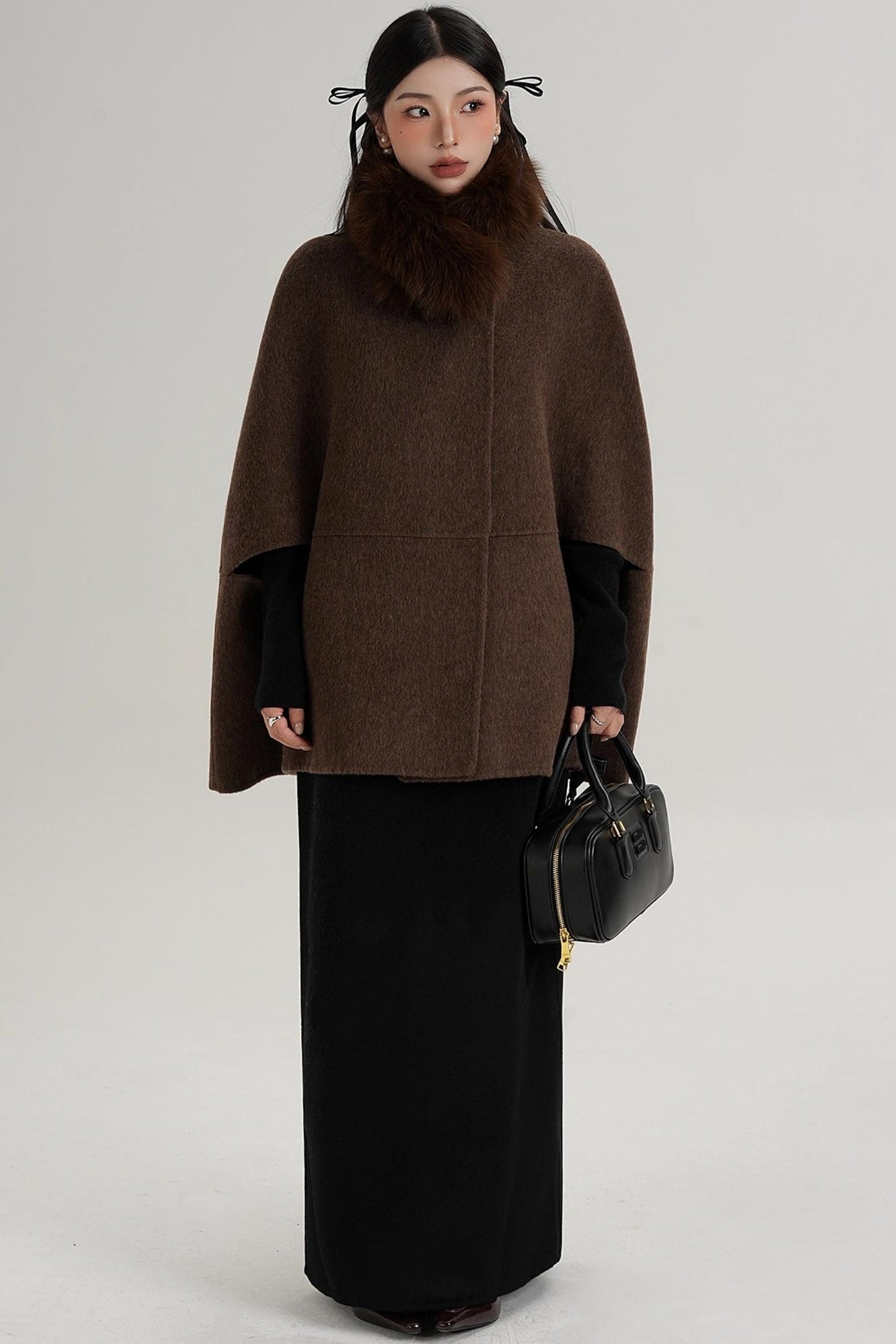 Elegant Fox Fur Wool Cape Coat