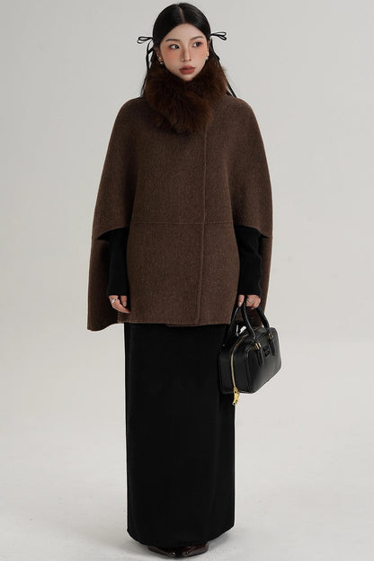 Elegant Fox Fur Wool Cape Coat