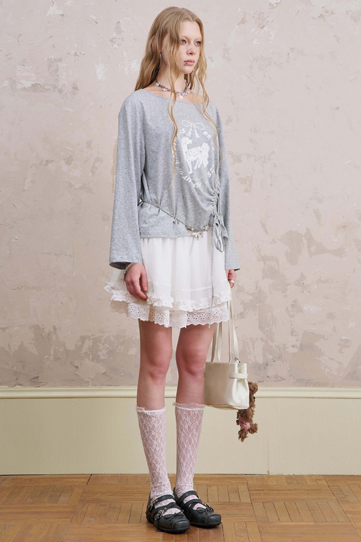 Slanted Monochrome Flower Ruffle T-Shirt