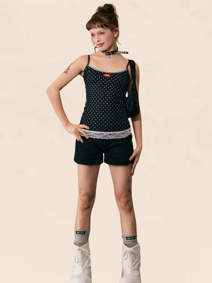 Lace-Stitched Polka Dot Camisole Top