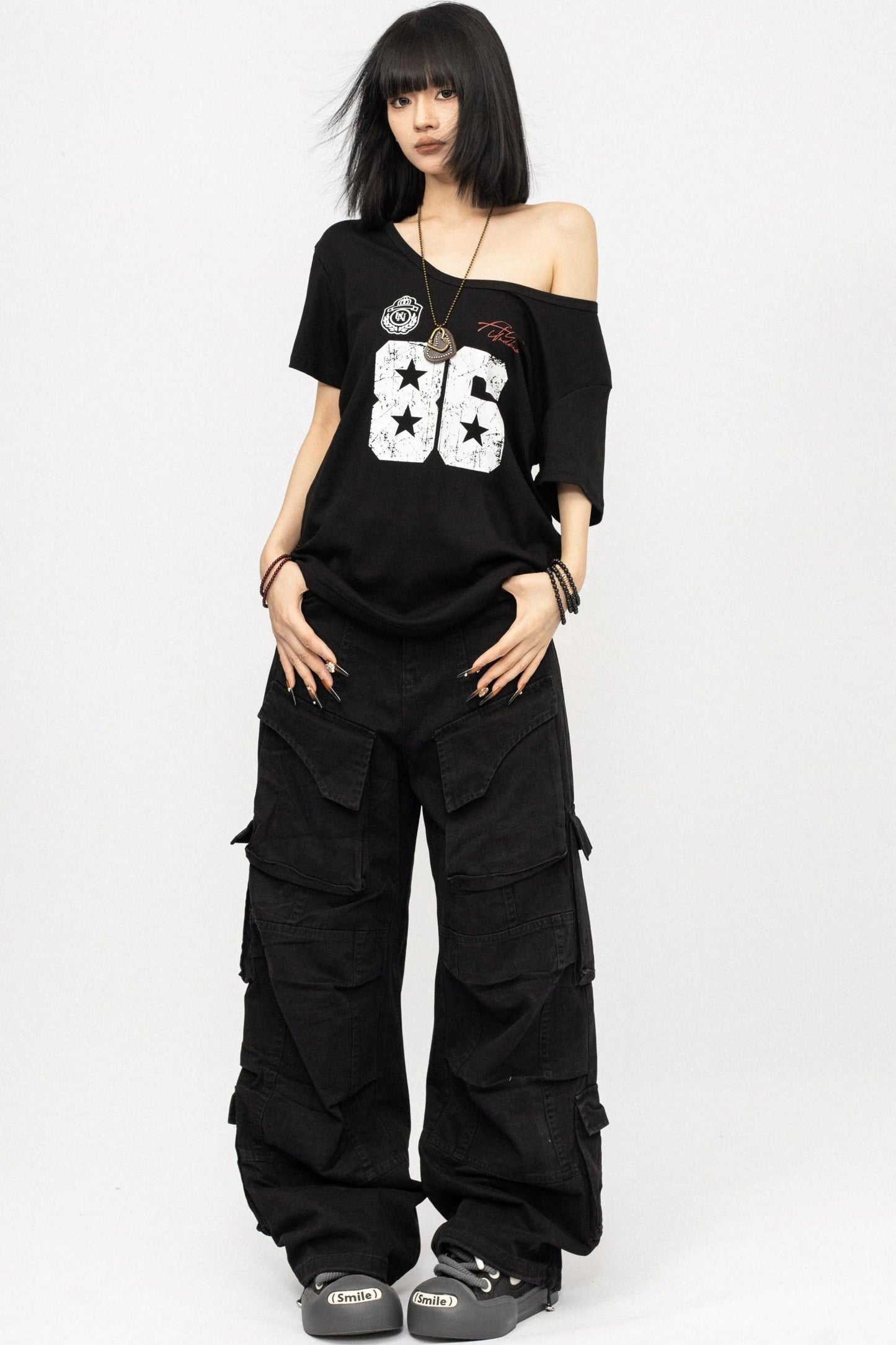 Monogram Black Off-the-Shoulder T-Shirt