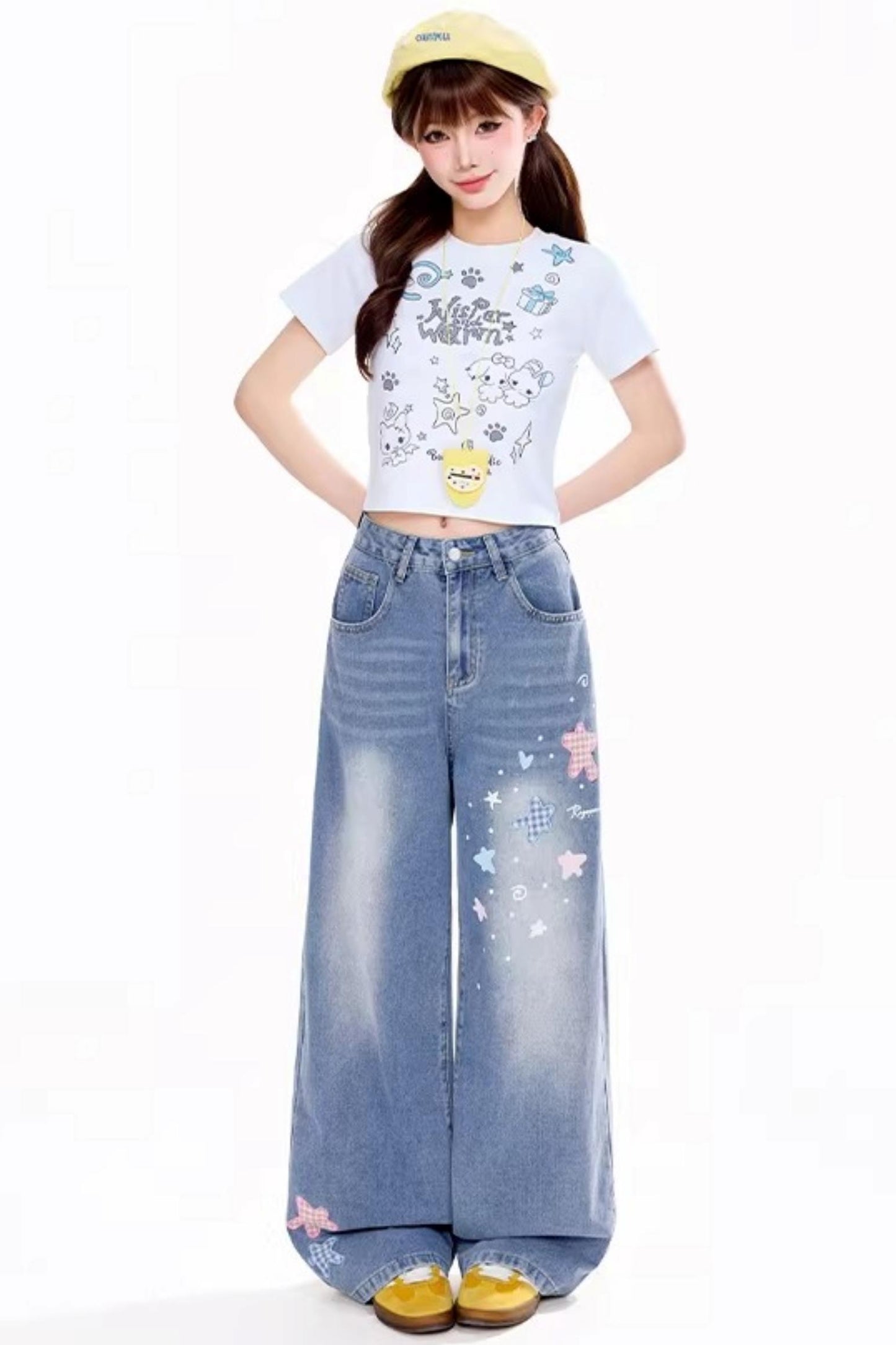 레트로 별 자수 데님 팬츠