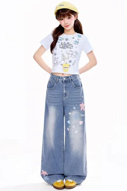 레트로 별 자수 데님 팬츠