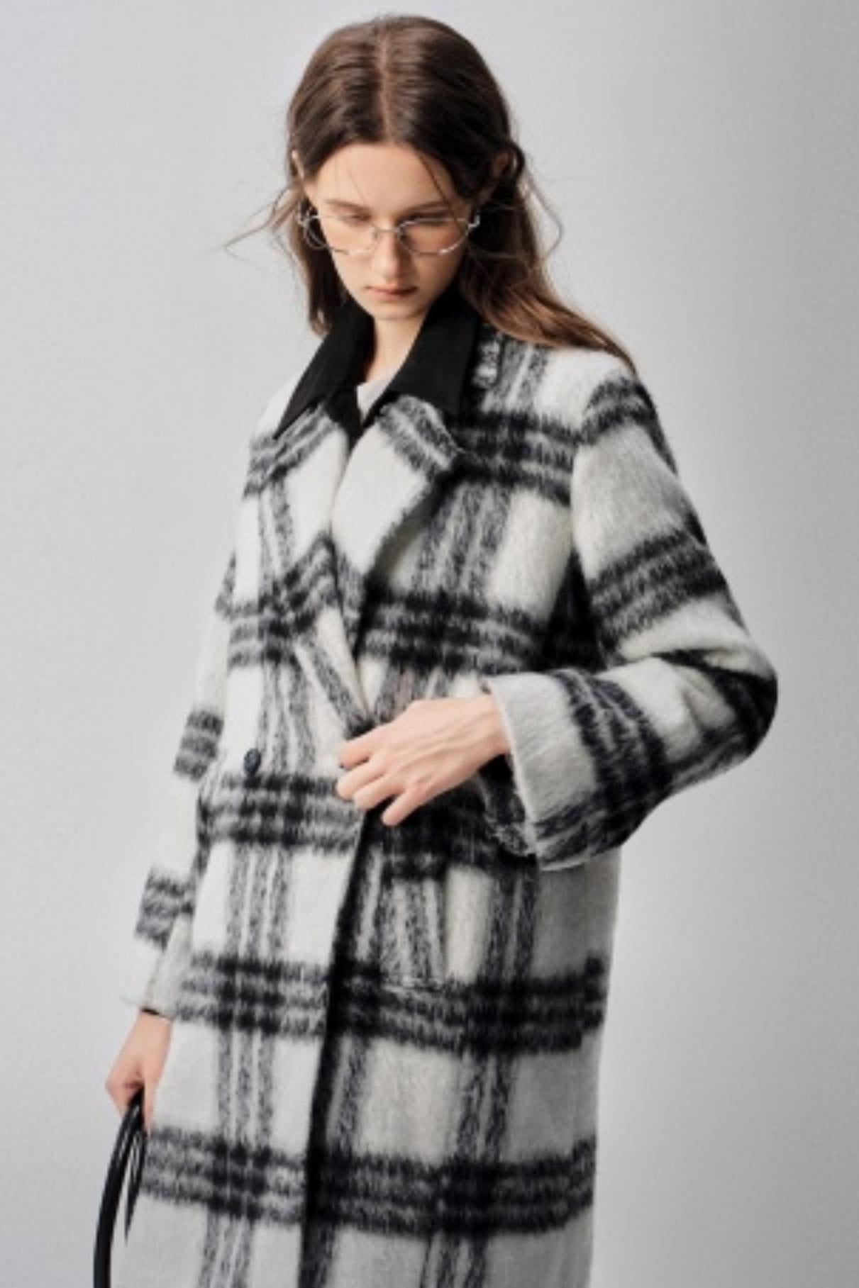 Black & White Plaid High-End Woolen Coat