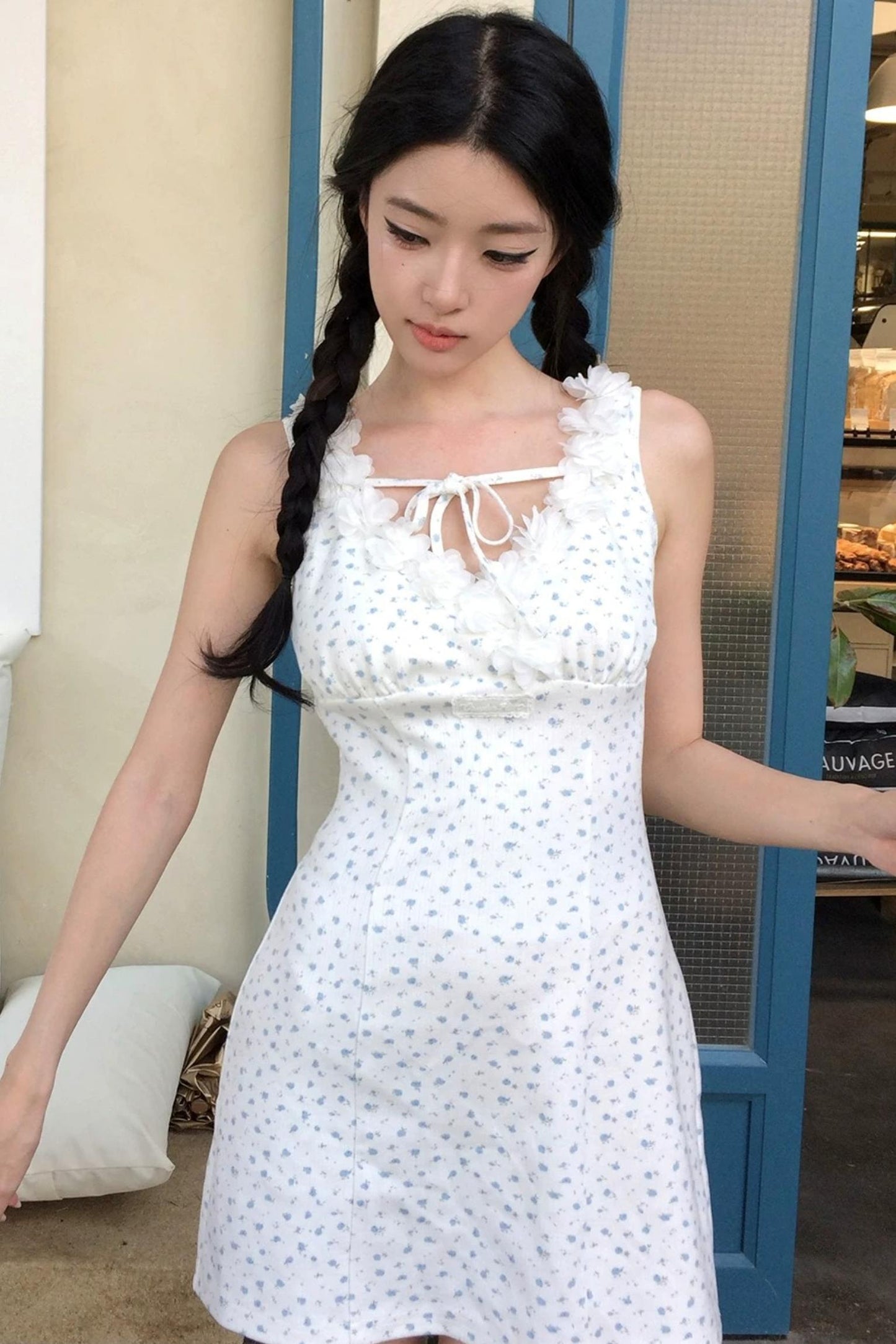Blue Floral Bow Dress