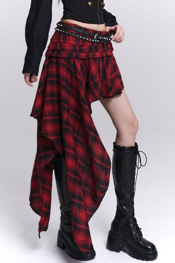 Red Plaid Irregular Skirt
