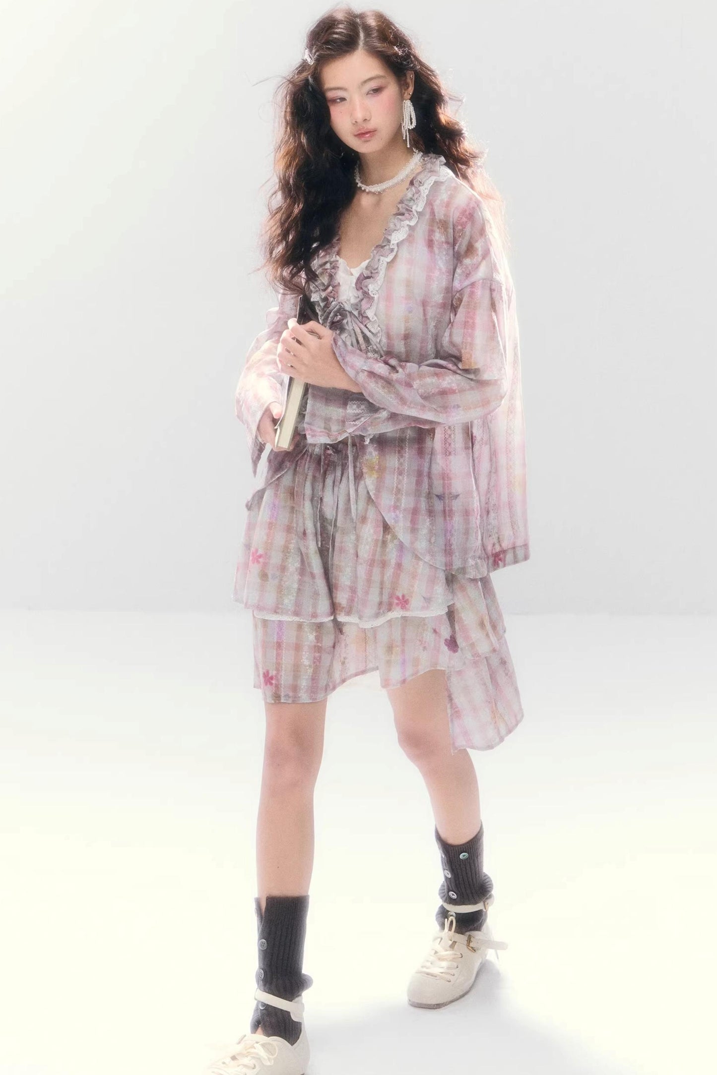 Lace-Tie Cotton Cardigan Matching Set