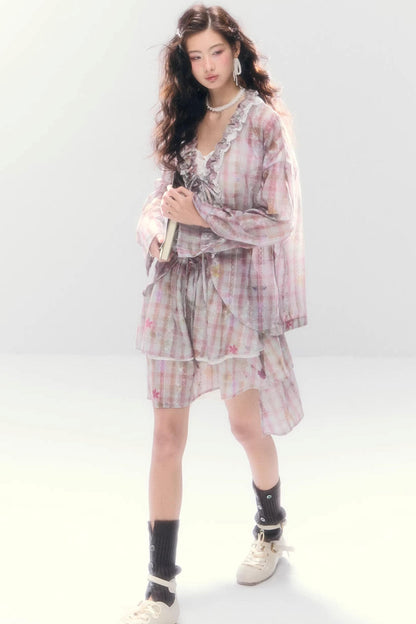 Lace-Tie Cotton Cardigan Matching Set