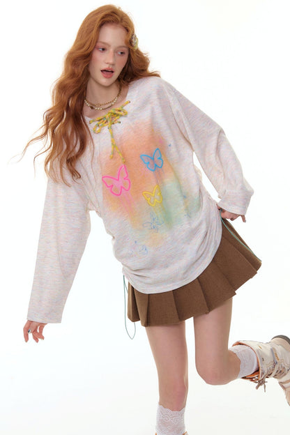 Flower Butterfly V-Neck Long Sleeve T-Shirt
