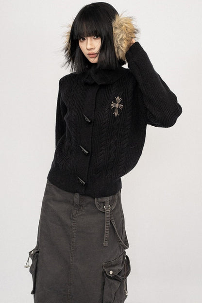 American Vintage Black Short Twist Knit Cardigan