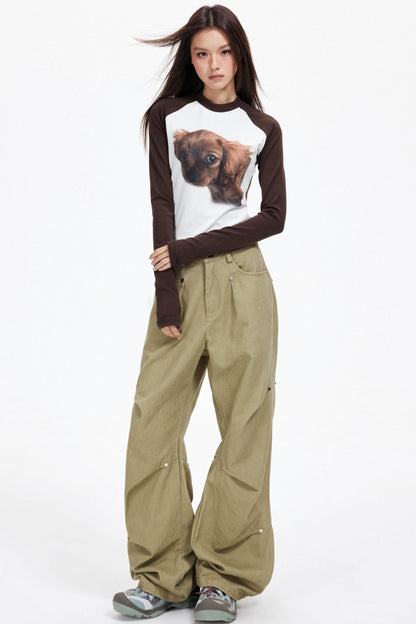 Puppy Print Raglan Slimming Knit Top