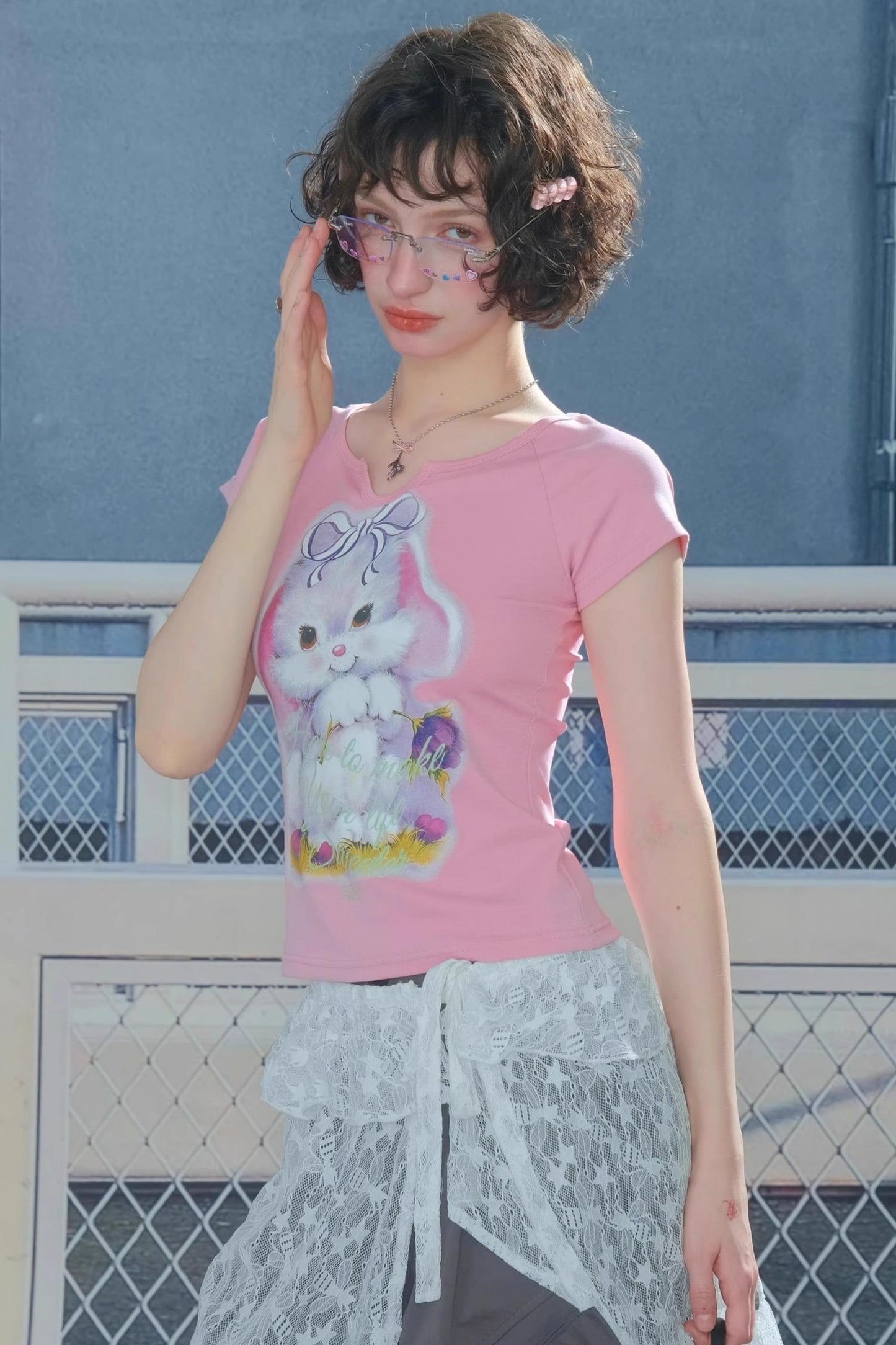 Retro Design Rabbit Print Slim Top