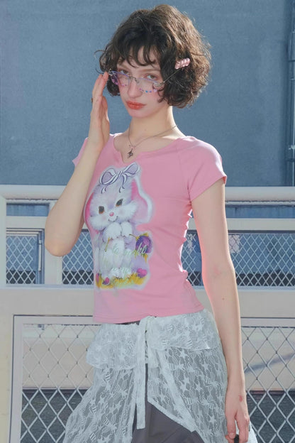 Retro Design Rabbit Print Slim Top